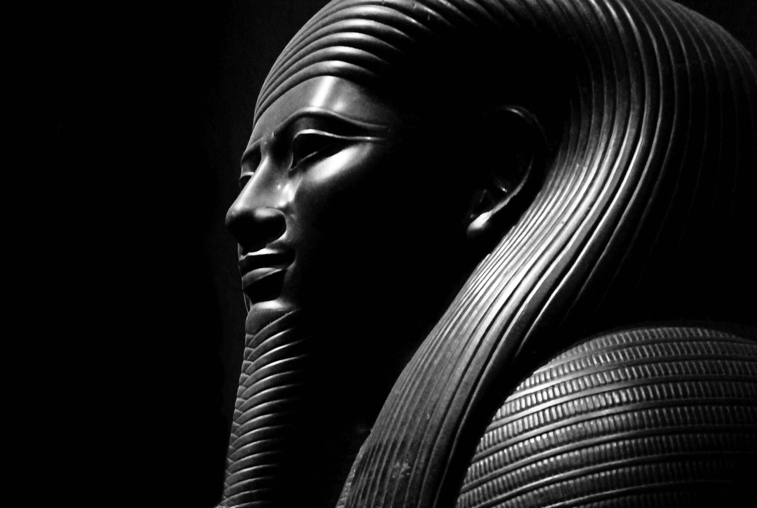 Close-up of a black and white ancient Egyptian statue with intricate carvings.